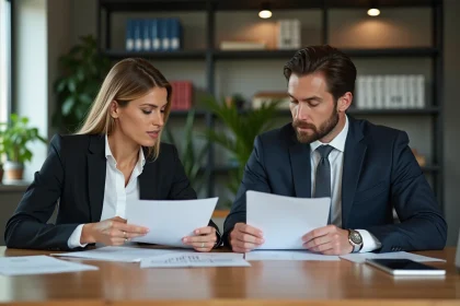 Deux professionnels en réunion dans un bureau moderne