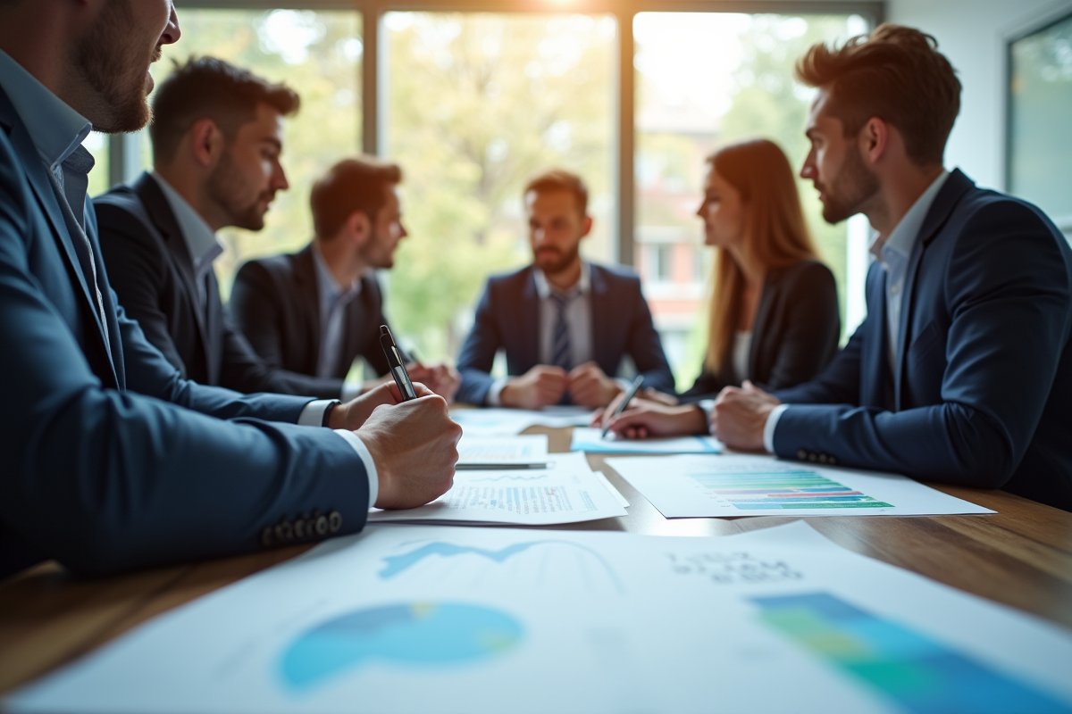 Professionnels discutant de rapports financiers en réunion