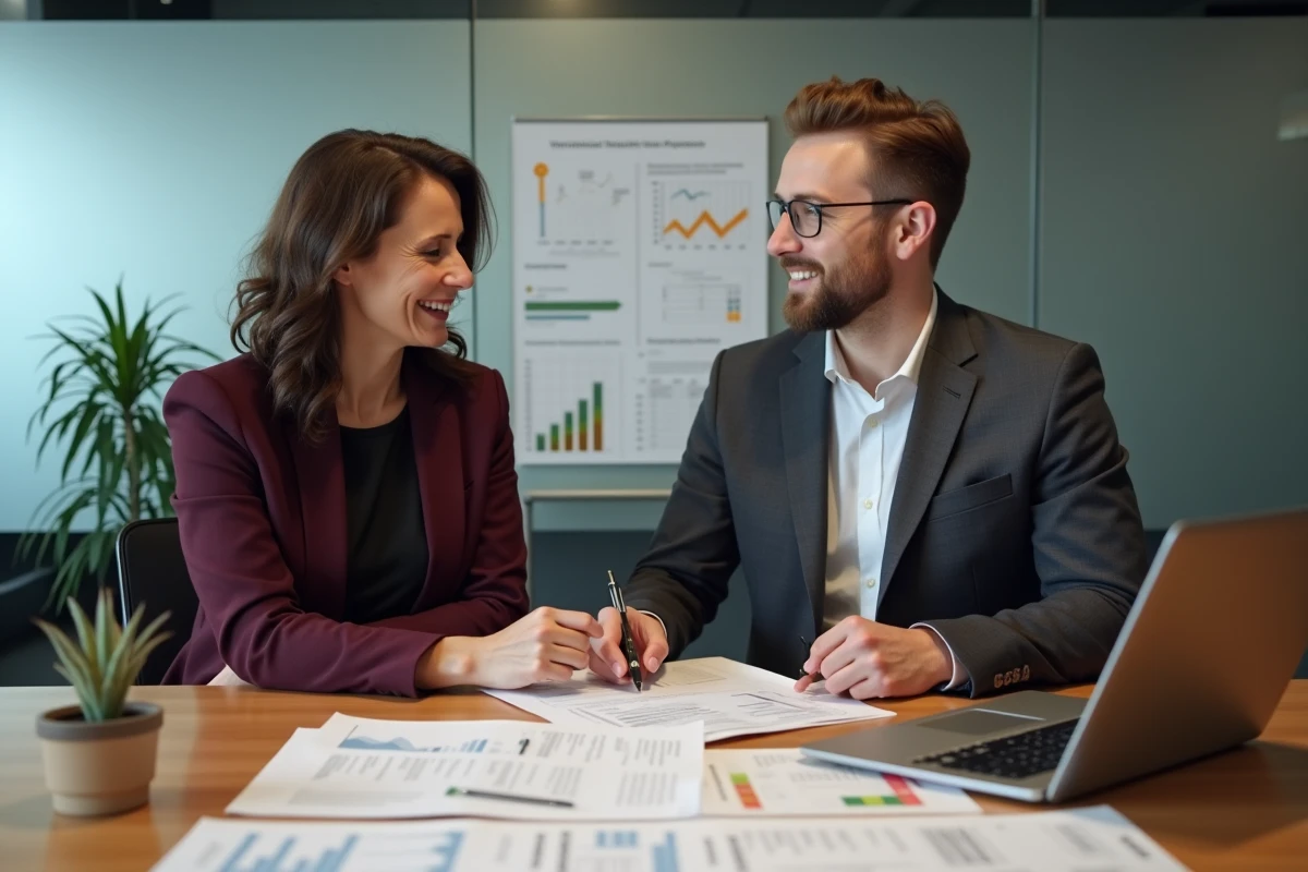 Deux comptables bac+8 comparant des benchmarks de salaires lors d'une réunion professionnelle en salle de conférence