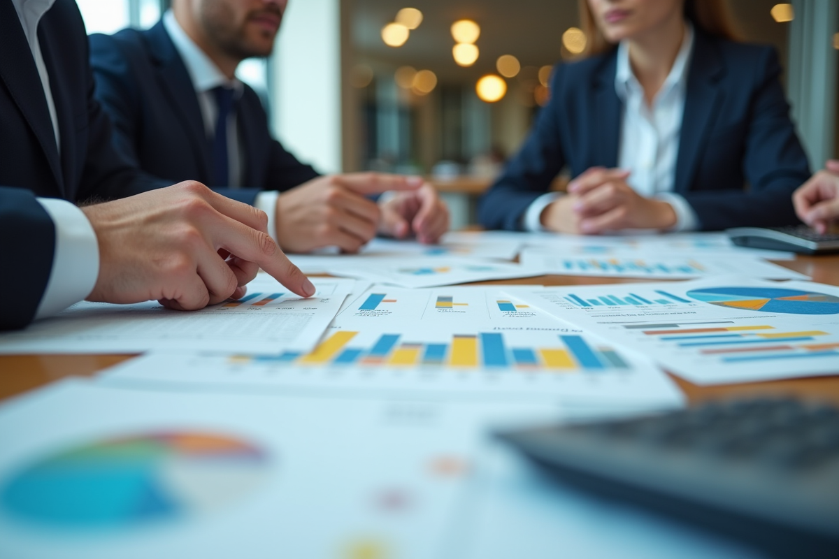 Groupe de personnes discutant avec des graphiques et calculatrices