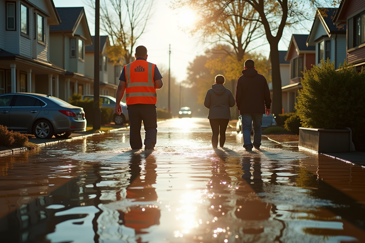 Rue inondée avec secours et habitants en plein jour