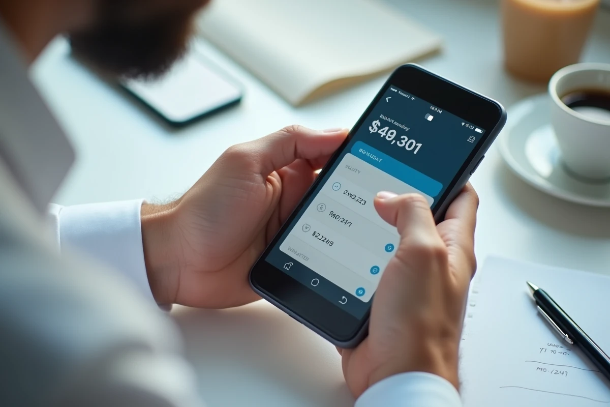 Mains d'un homme saisissant un montant &eacute;lev&eacute; sur une application mobile bancaire pour un virement s&eacute;curis&eacute;