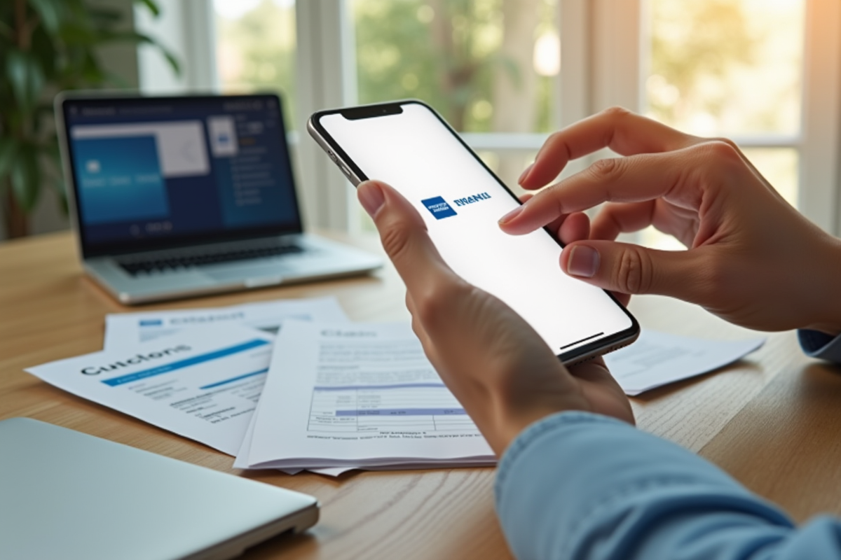 Mains utilisant smartphone pour scanner documents avec carte Amex