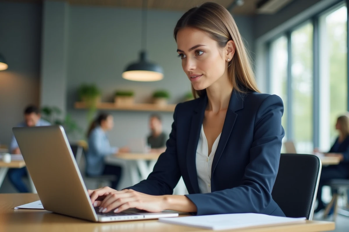 Femme professionnelle paramétrant la sécurité de son compte en ligne sur un ordinateur portable dans un bureau moderne