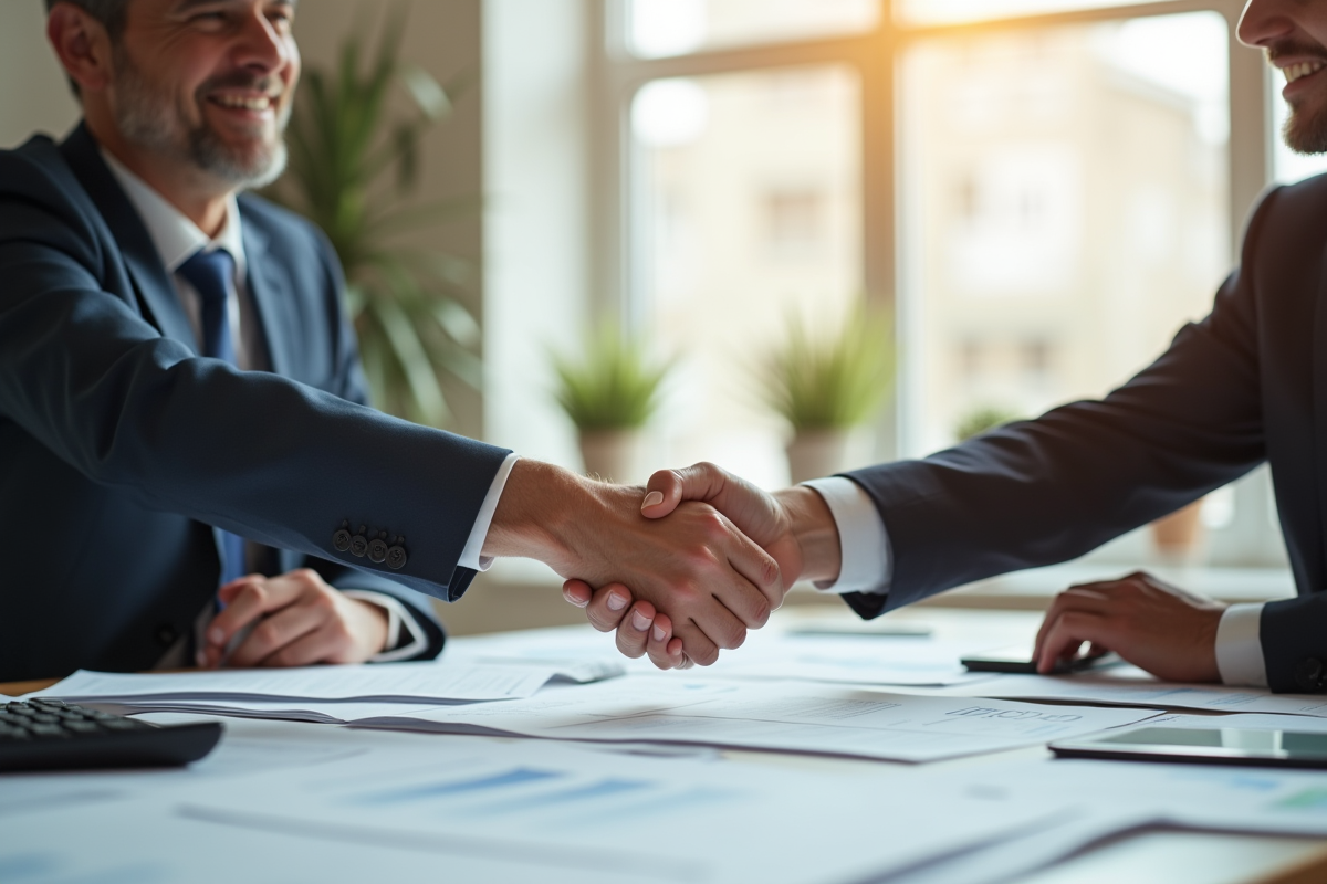Professionnel et client se serrant la main dans un bureau lumineux