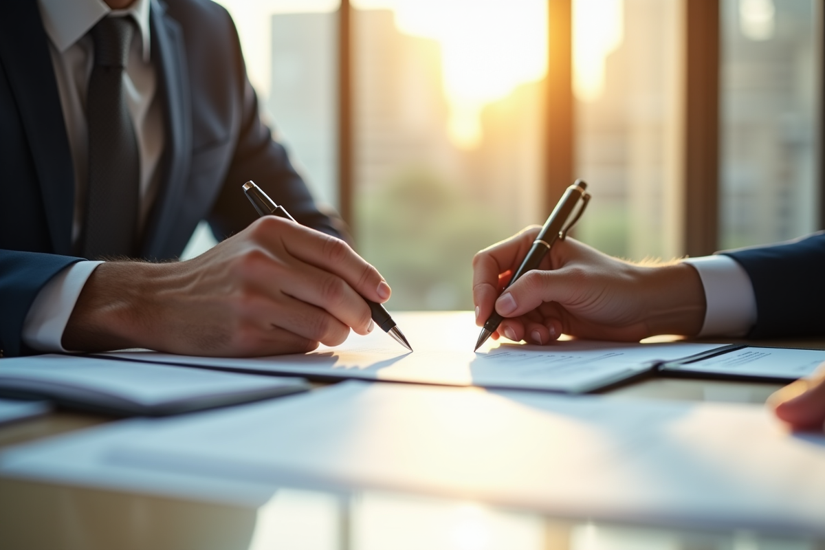 Professionnel signant un contrat dans un bureau lumineux