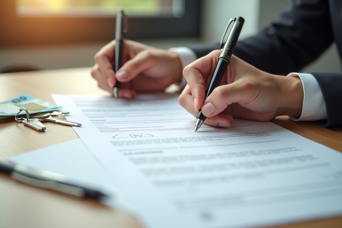 Main signant un contrat immobilier avec clés et argent