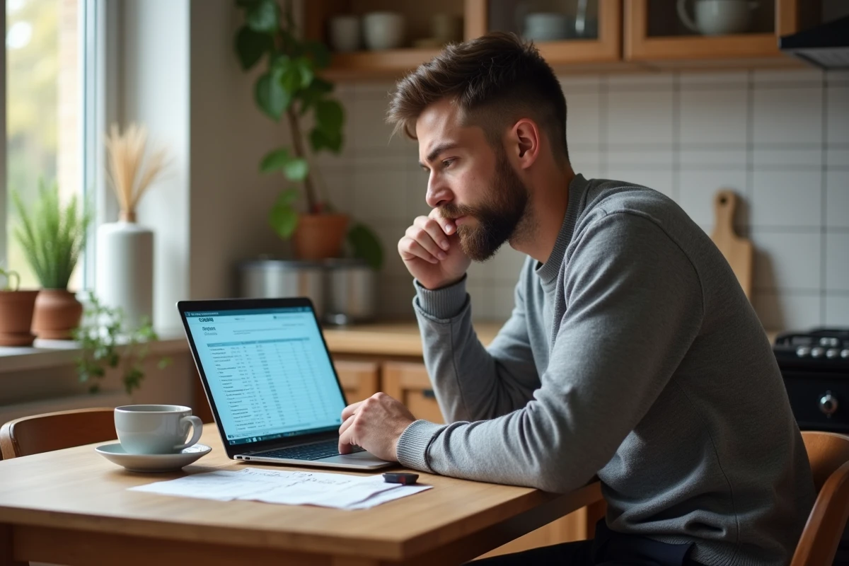 Jeune adulte consultant un simulateur de salaire brut net sur ordinateur portable à domicile avec une fiche de paie, pour comprendre les cotisations selon le type de contrat en 2026