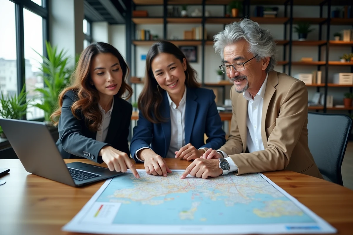 Professionnels consultant une simulation de prix de licence taxi par ville sur ordinateur portable et documents imprimés en bureau