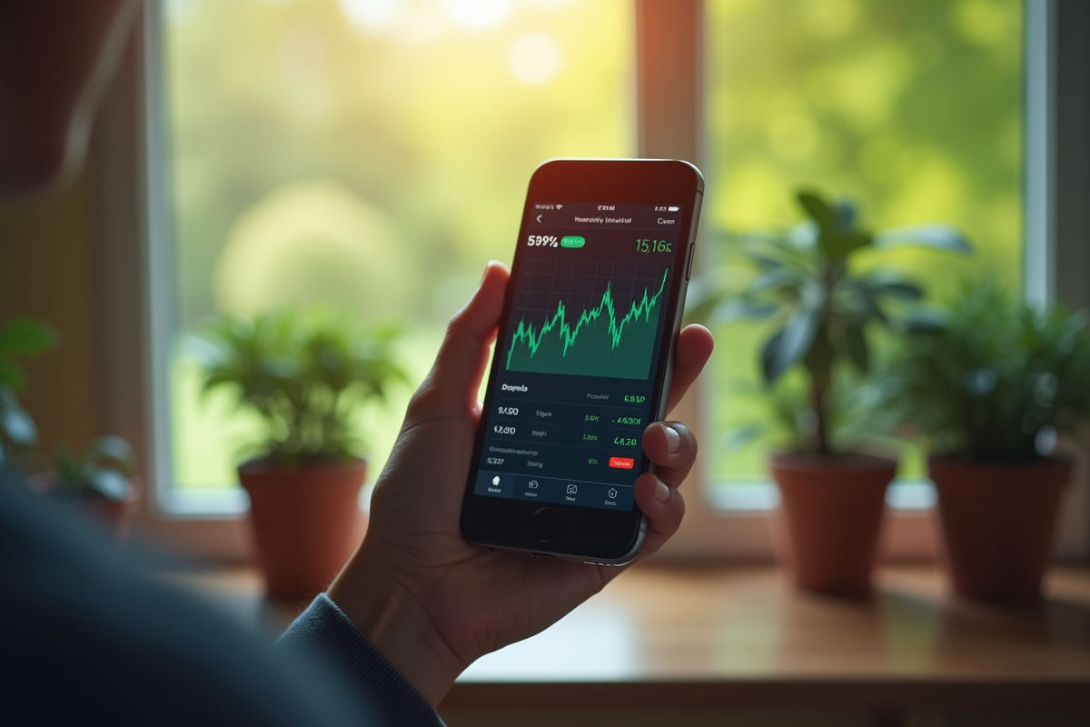 Main tenant un smartphone avec graphique ETF en croissance