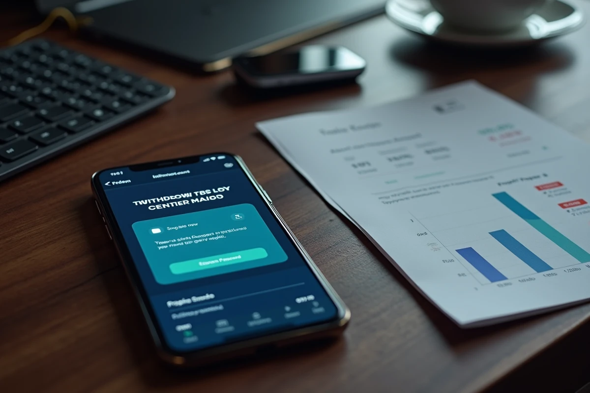 Vue de dessus d'un smartphone affichant une confirmation de retrait sur un compte de prop firm, entouré d'un clavier mécanique et d'un rapport de performance imprimé sur un bureau en noyer
