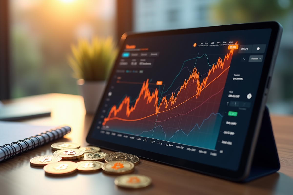 Tablette affichant un graphique bitcoin en hausse sur un bureau moderne