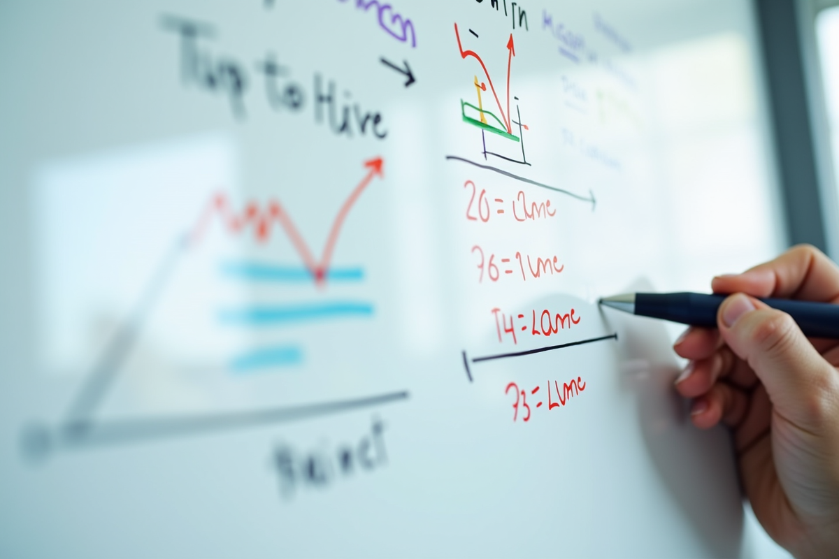 Prise de notes sur tableau blanc avec diagrammes colorés et calculs
