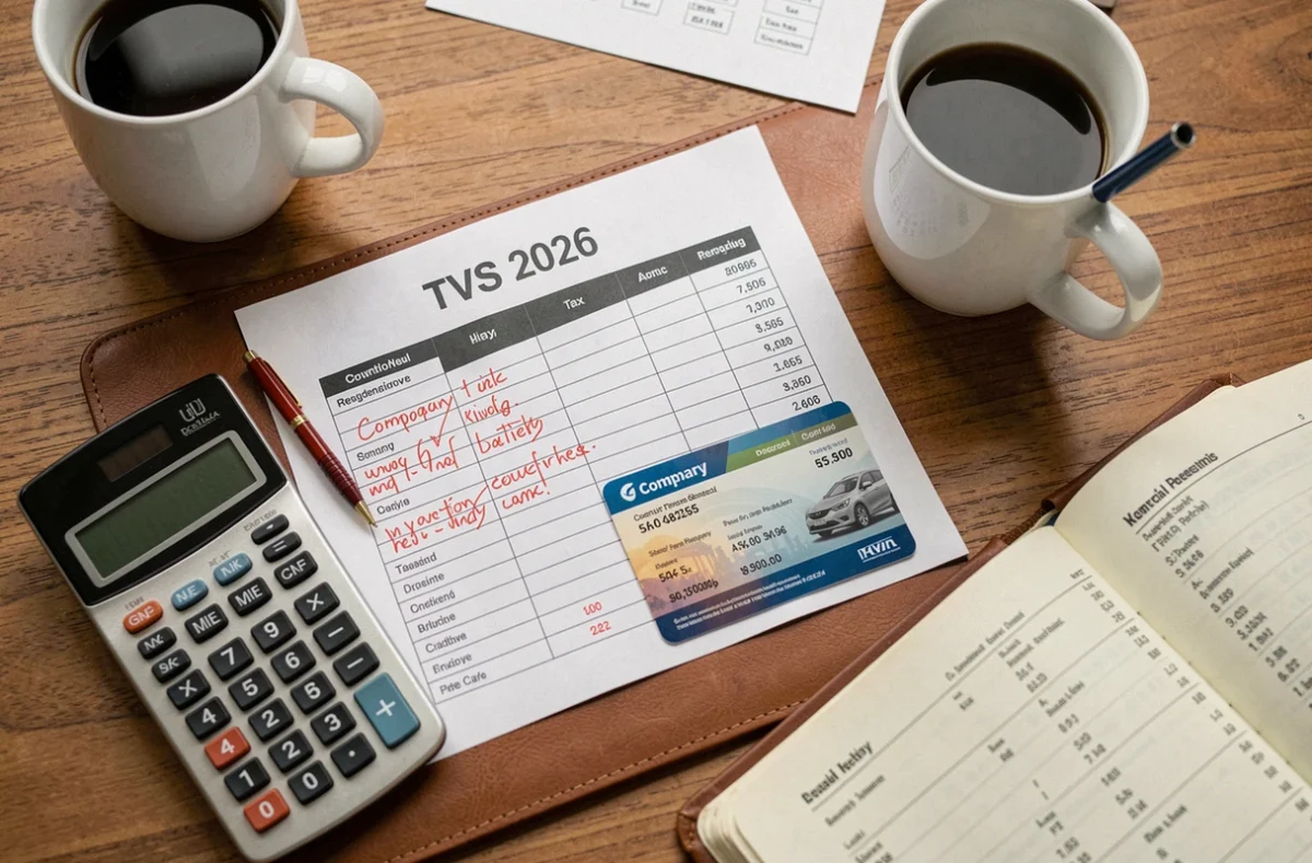 Vue aérienne d'un bureau de comptable avec tableau TVS 2026 annoté, calculatrice et documents de véhicule de société