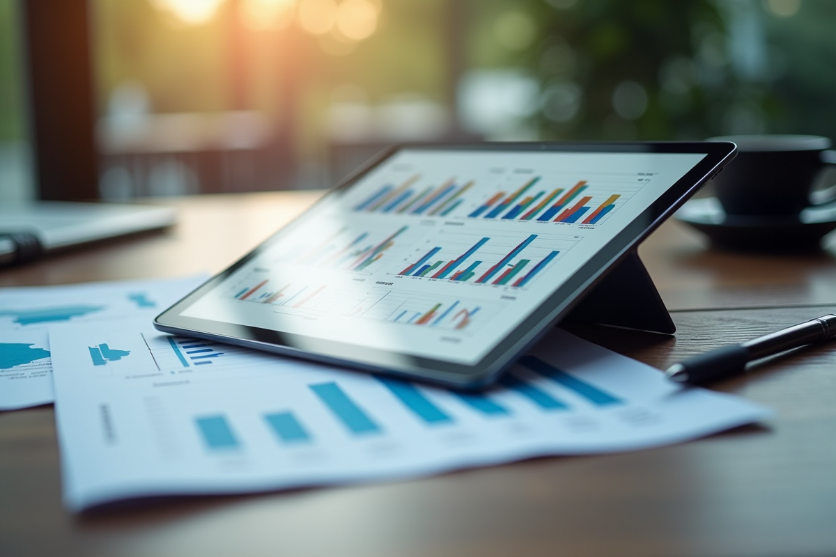 Tablette numérique avec graphiques de ventes sur un bureau en bois