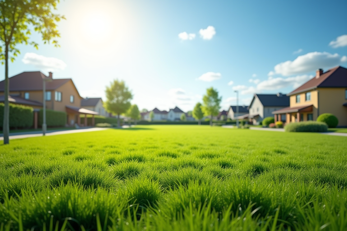 Terrain vacant ensoleille avec herbe verte et maisons voisines