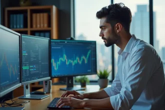 Trader masculin concentré devant plusieurs écrans affichant des graphiques financiers dans un bureau moderne à domicile, illustrant le trading avec une prop firm sans délai de retrait