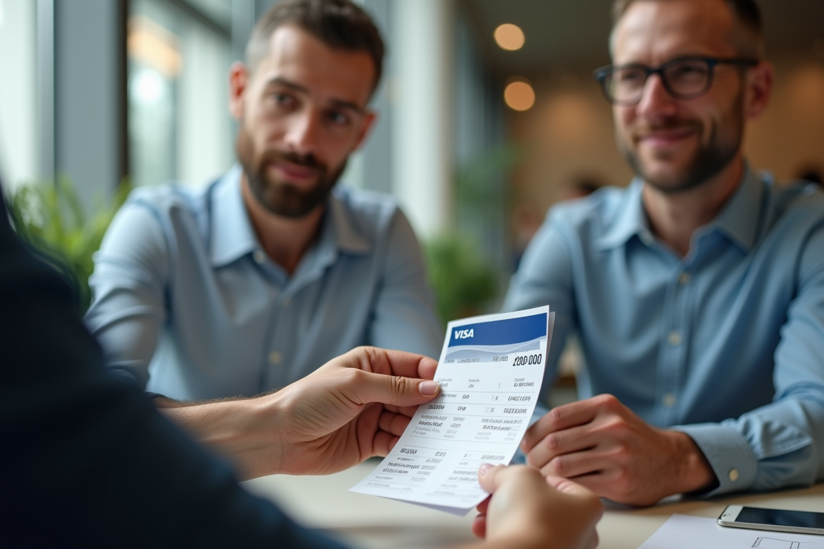 Homme et femme au guichet bancaire avec carte Visa