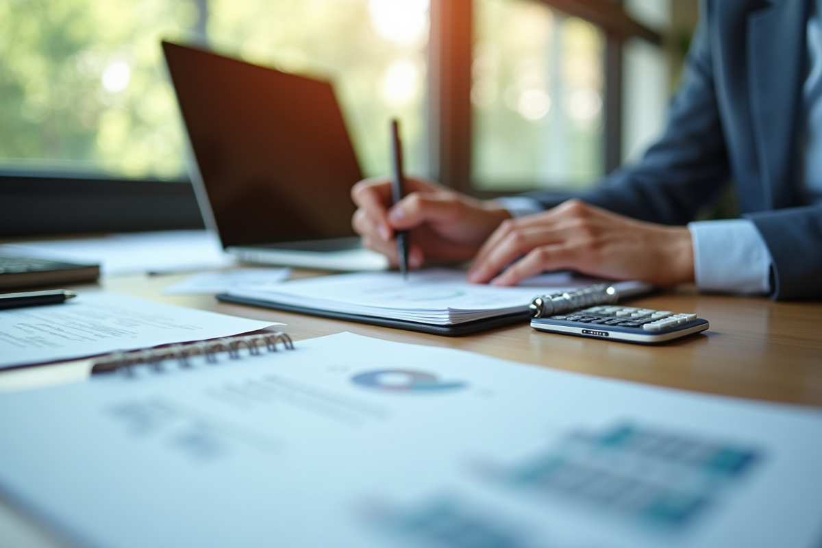 Professionnel travaillant sur des documents financiers au bureau