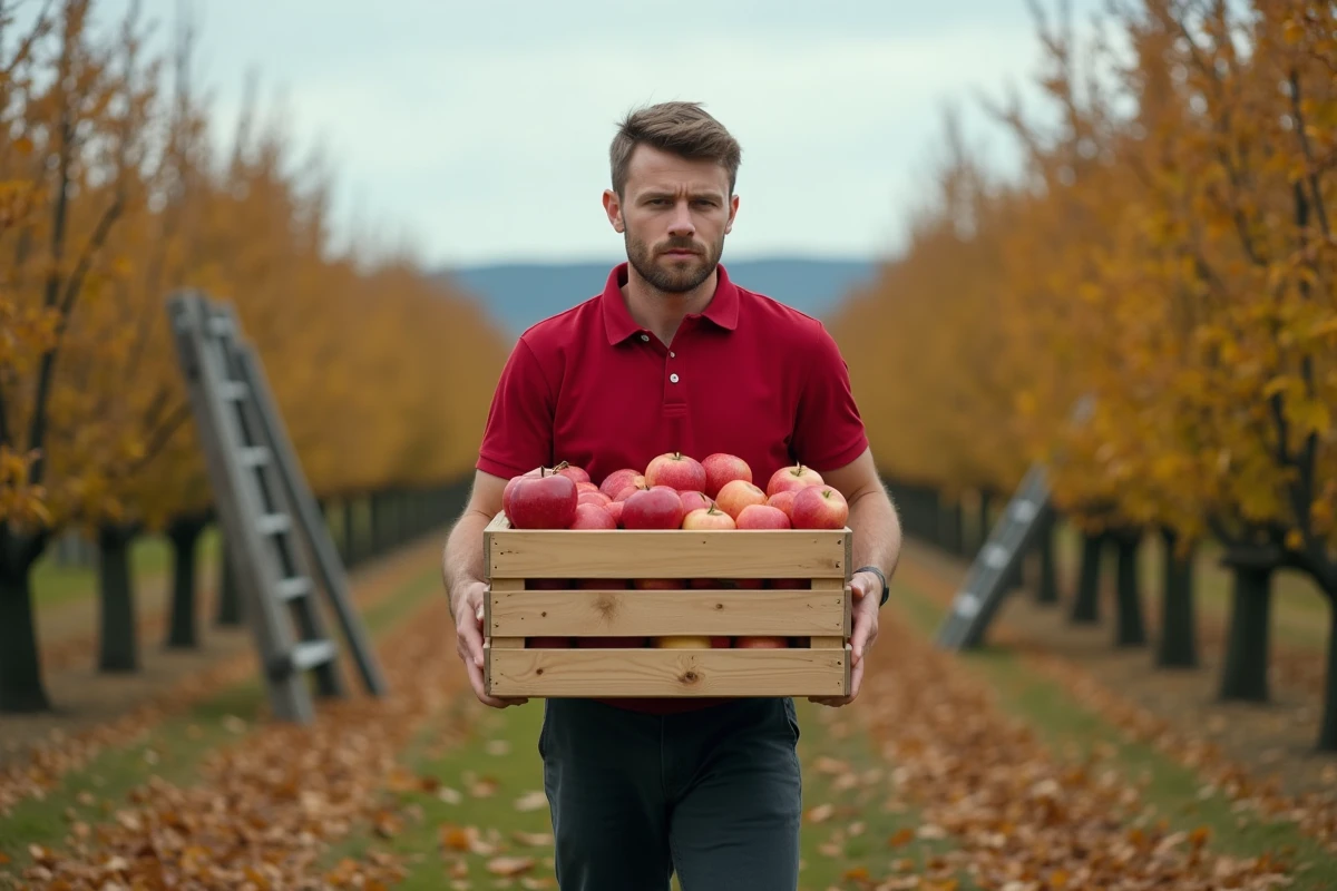 Jeune travailleur saisonnier ramassant des pommes dans un verger allemand en automne, job saisonnier au salaire minimum en Allemagne