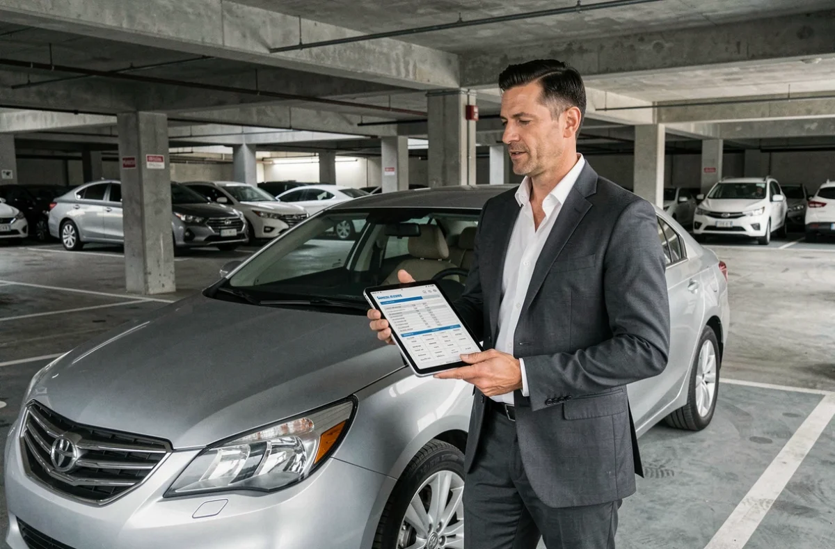 Responsable de flotte automobile consultant un document TVS pour véhicule de société dans un parking d'entreprise