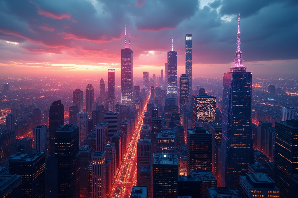 Cite urbaine au crépuscule avec bâtiments blockchain lumineux