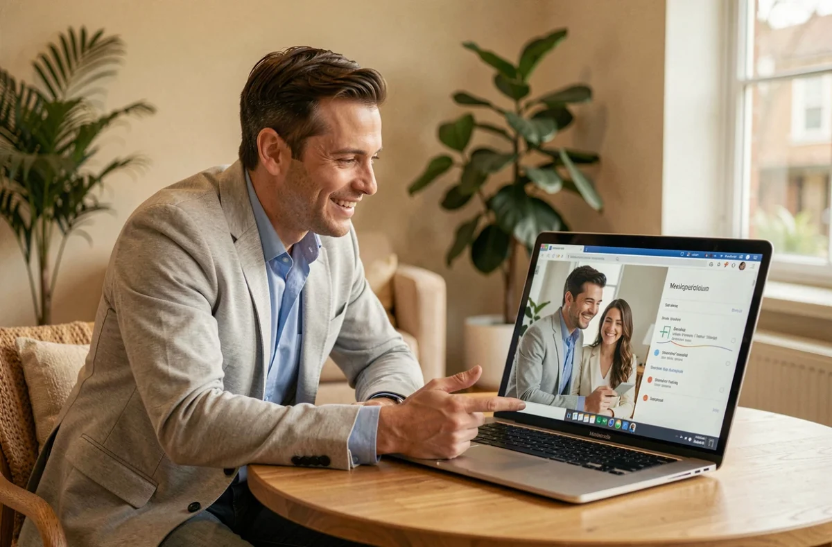 Conseiller de Votre Gestionnaire de Patrimoine expliquant un plan personnalisé à un jeune couple dans un bureau chaleureux