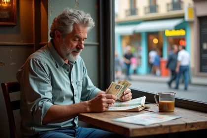 Voyageur homme regardant des billets argentins &agrave; Buenos Aires