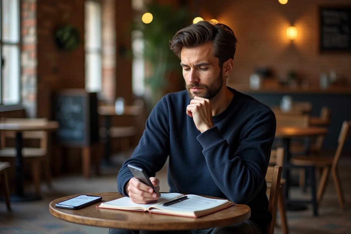 Voyageur consultant le taux de change euro peso argentin sur son téléphone dans un café de Buenos Aires