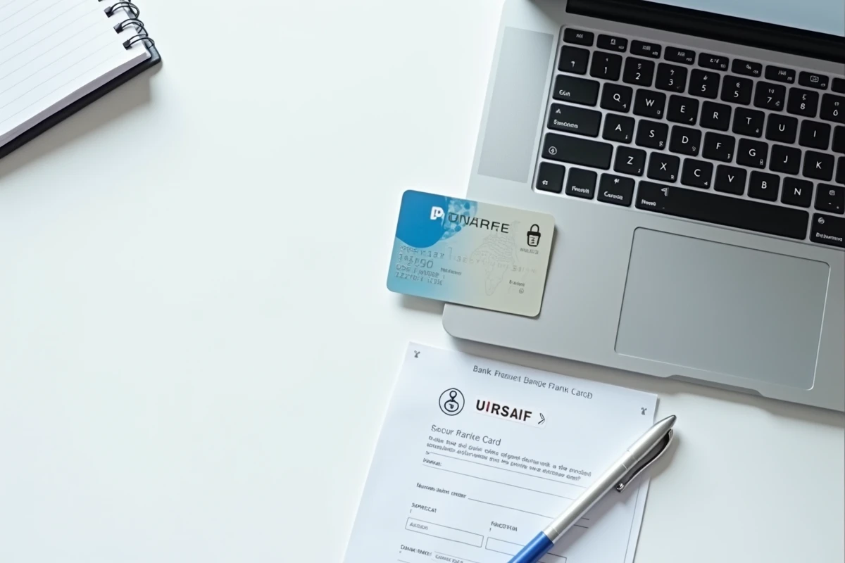 Vue de dessus d'un bureau avec une carte bancaire, un ordinateur affichant un formulaire de paiement URSSAF et des documents administratifs